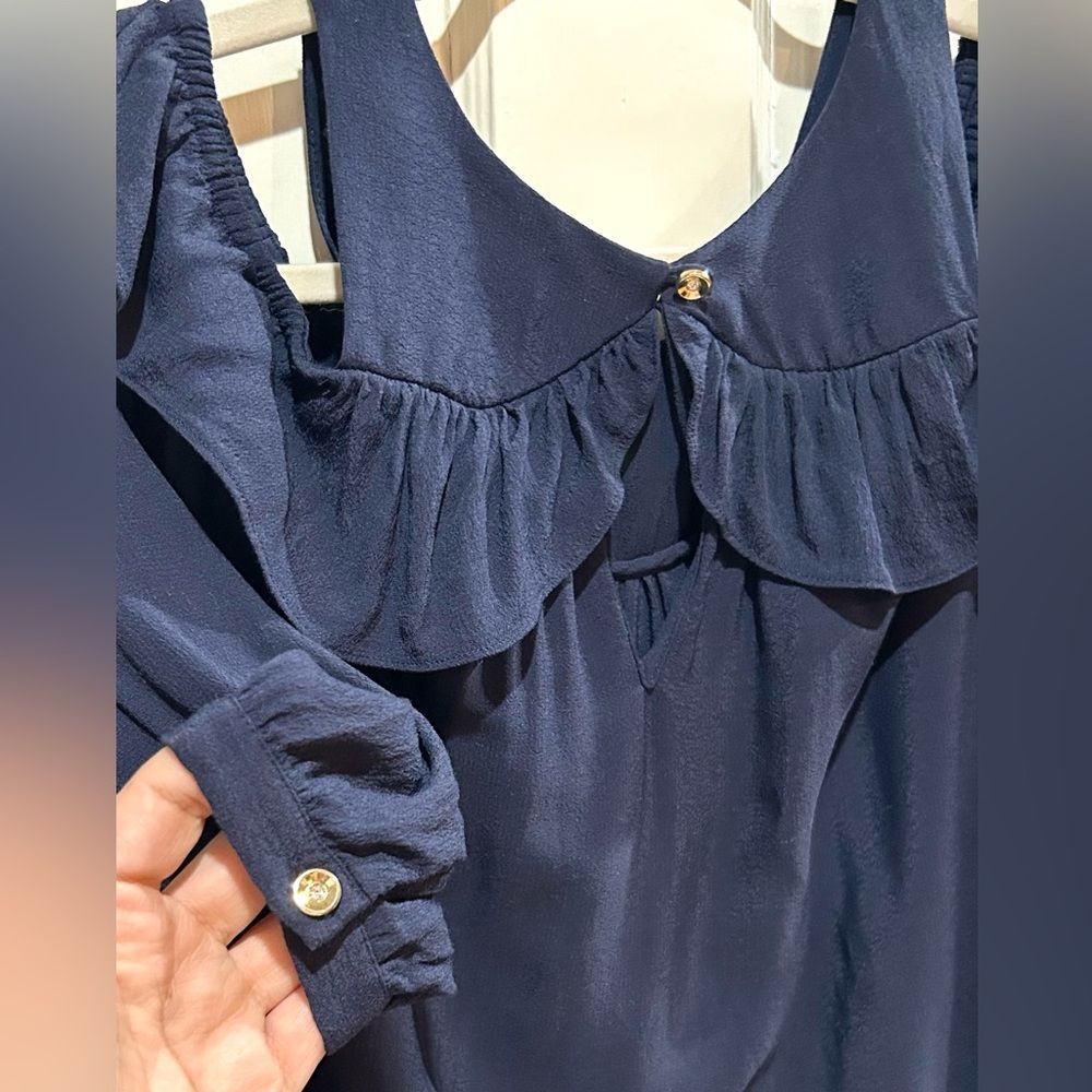Anthropologie Maeve Navy Cold Shoulder Ruffle Top Romantic Coquette Size 2 & 4 - Picture 7 of 10